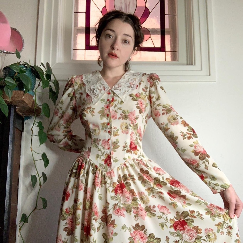 Vintage 80s Handmade Rose Print Prairie Dress